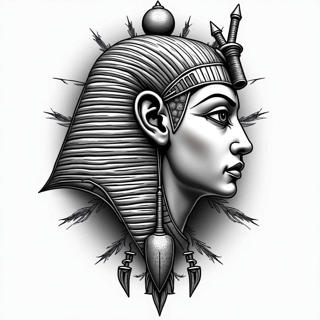 Yen yang eye of protectionin egyptian style tattoo, bold elements of ancient egyptian culture including a portrait of an Egyptian pharaoh with detailed facial features, in hieroglyphs and symbolic imagery, eye of horus, ankh symbol, scarab beetle