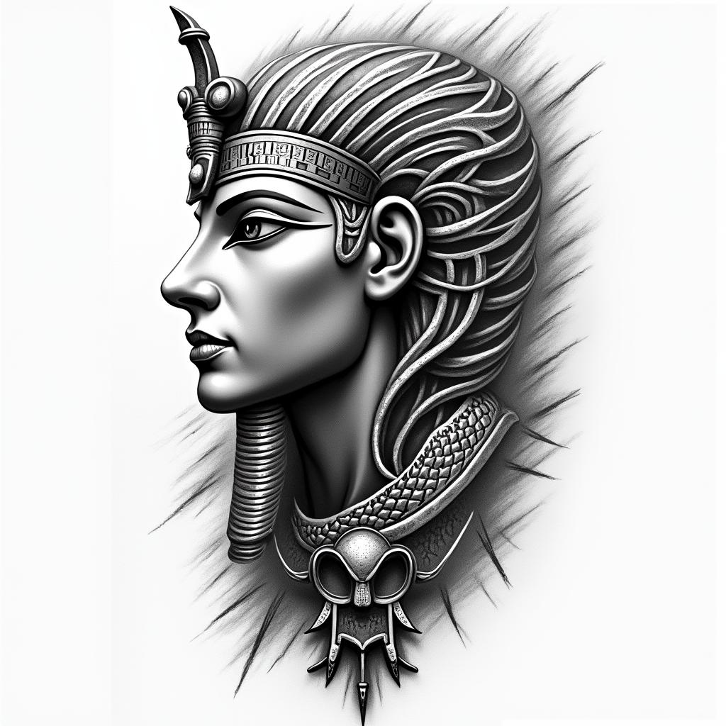 Yen yang eye of protectionin egyptian style tattoo, bold elements of ancient egyptian culture including a portrait of an Egyptian pharaoh with detailed facial features, in hieroglyphs and symbolic imagery, eye of horus, ankh symbol, scarab beetle - Variation 4