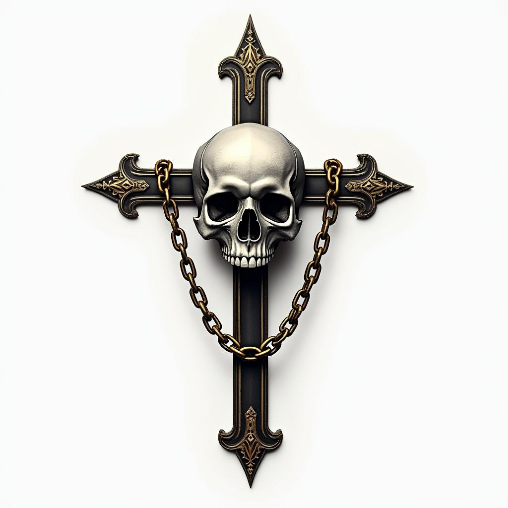 Cross with golden details placed in chains in the middle of a skull.in realism tattoo style, featuring a highly detailed, lifelike, capturing every detail, photorealistic, ultra realistic, intricate shading, smooth and sharp,   - Variation 3