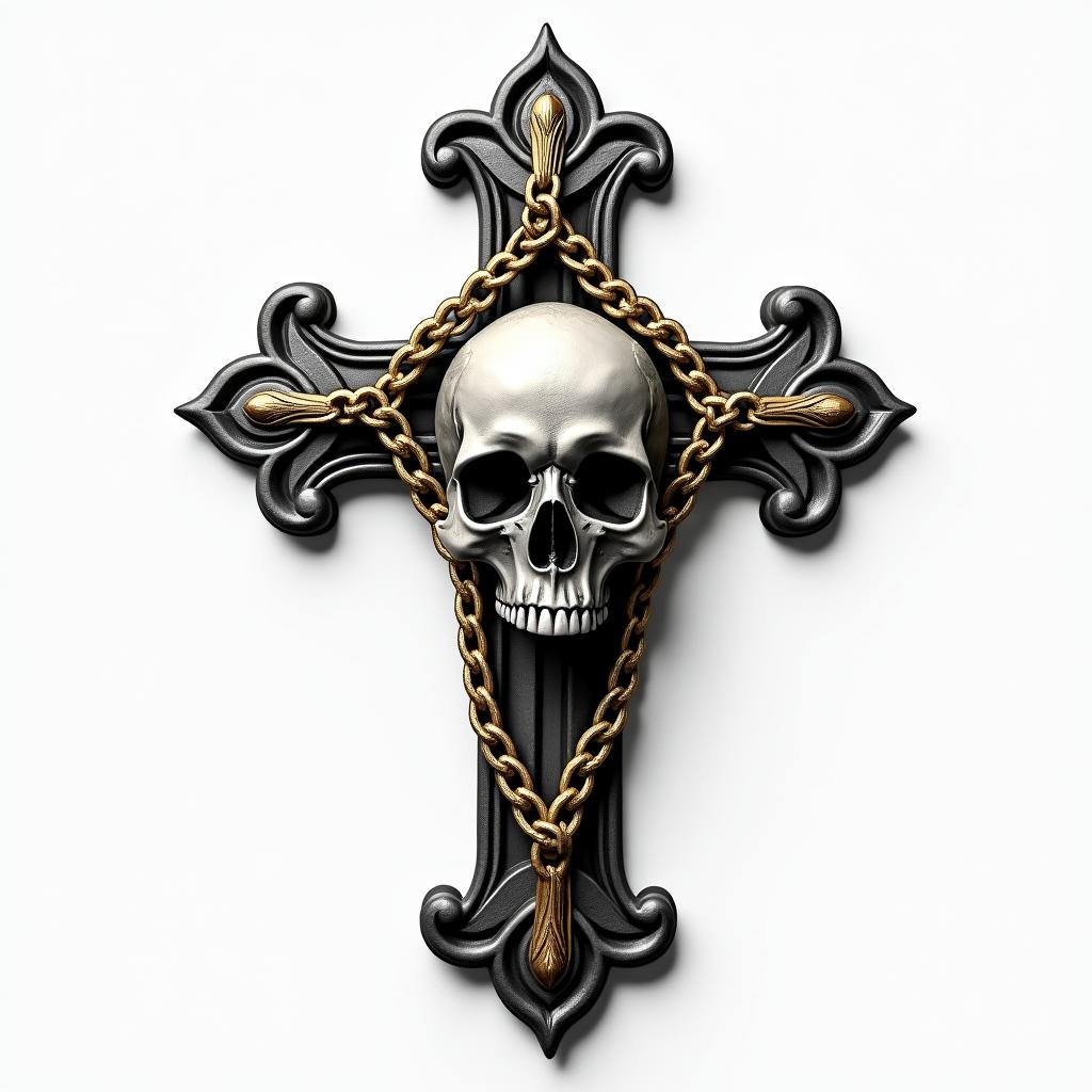 Cross with golden details placed in chains in the middle of a skull.in realism tattoo style, featuring a highly detailed, lifelike, capturing every detail, photorealistic, ultra realistic, intricate shading, smooth and sharp,   - Variation 4