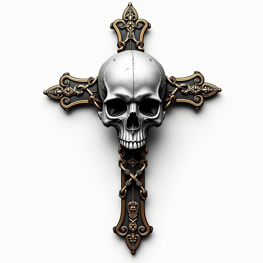 Cross with golden details placed in chains in the middle of a skull.in realism tattoo style, featuring a highly detailed, lifelike, capturing every detail, photorealistic, ultra realistic, intricate shading, smooth and sharp,   - Variation 2