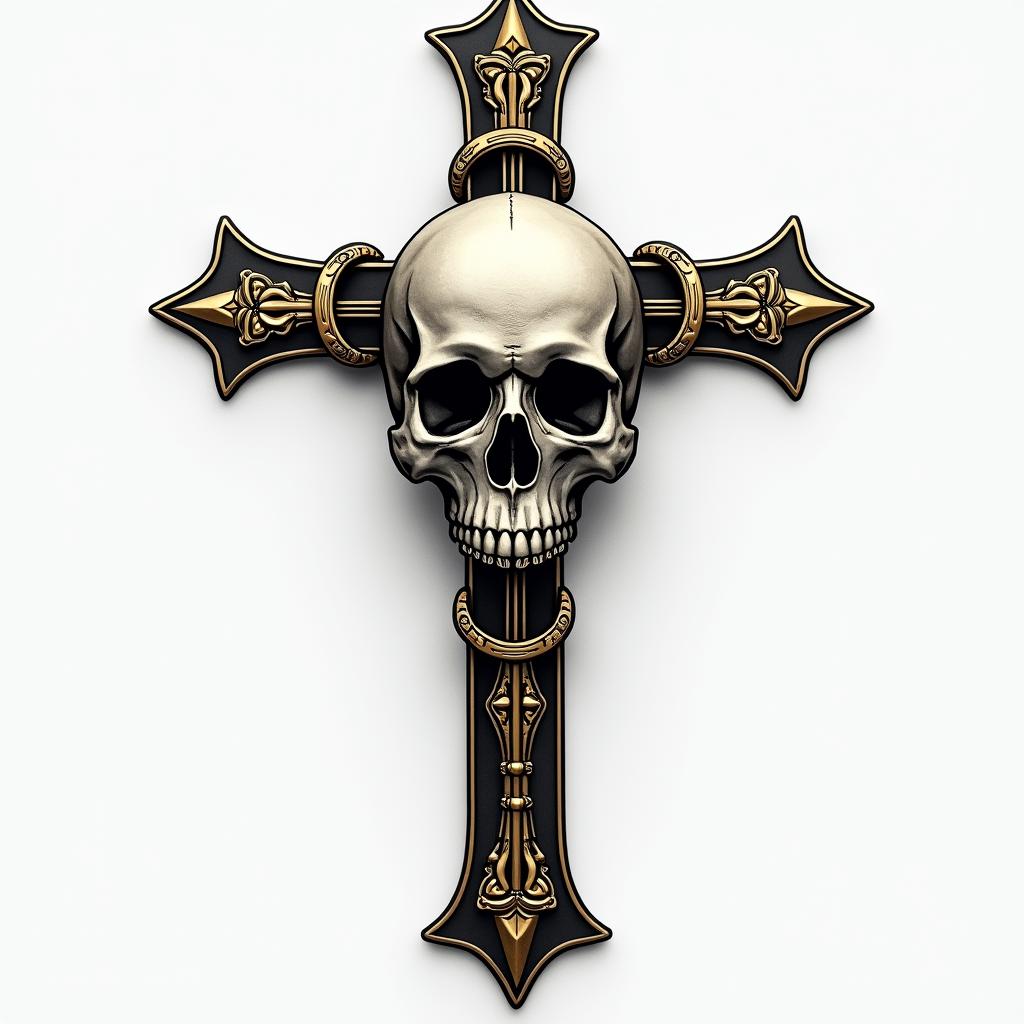 Cross with golden details placed in chains in the middle of a skull.in realism tattoo style, featuring a highly detailed, lifelike, capturing every detail, photorealistic, ultra realistic, intricate shading, smooth and sharp,