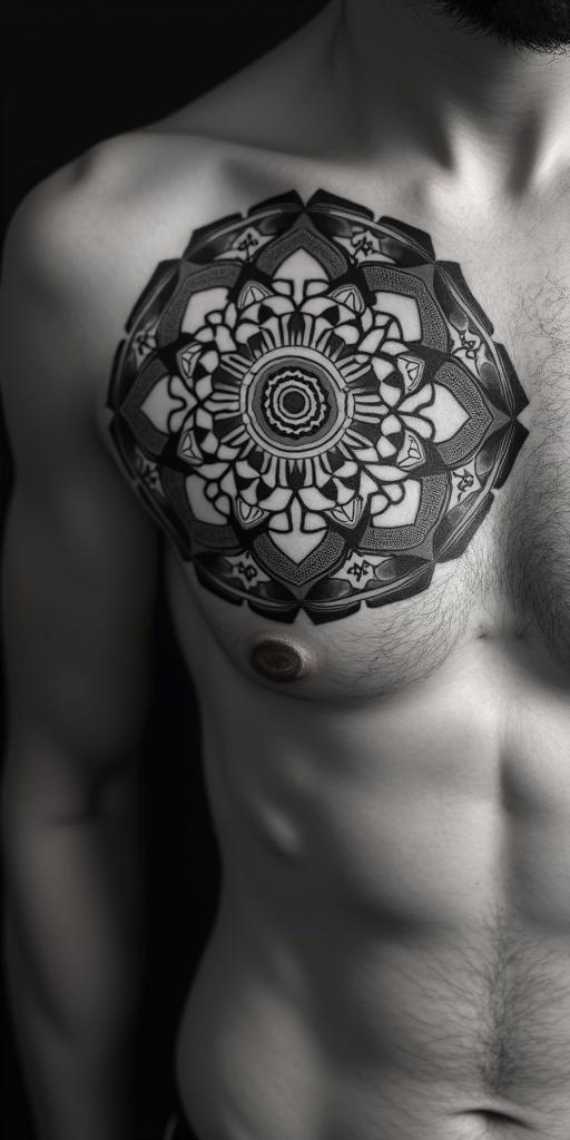 Capricorn, strong and independent in geometric style tattoo, blending hexagons, mandala-inspired patterns, symmetrical and fractal design, clean lines, sharp angles