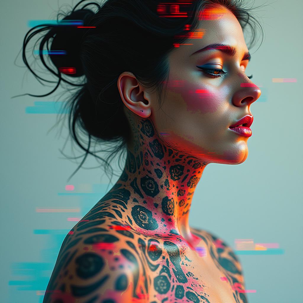 Heart break pain giving up tiredin distorted and fragmented tattoo design, featuring a classical statue bust, in a glitch art style with vibrant, overlapping colors of cyan, magenta, and yellow, creating a digital distortion effect