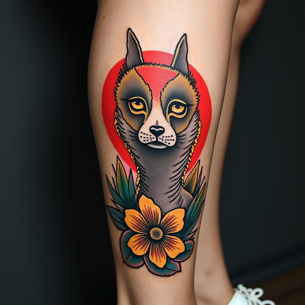 I want to get a tattoo on the inside of my calf.in pop art style tattoo, featuring bold and vibrant colors, exaggerated outlines, iconic imagery, inspired by comic books and speech bubbles, comic book characters, retro pop culture