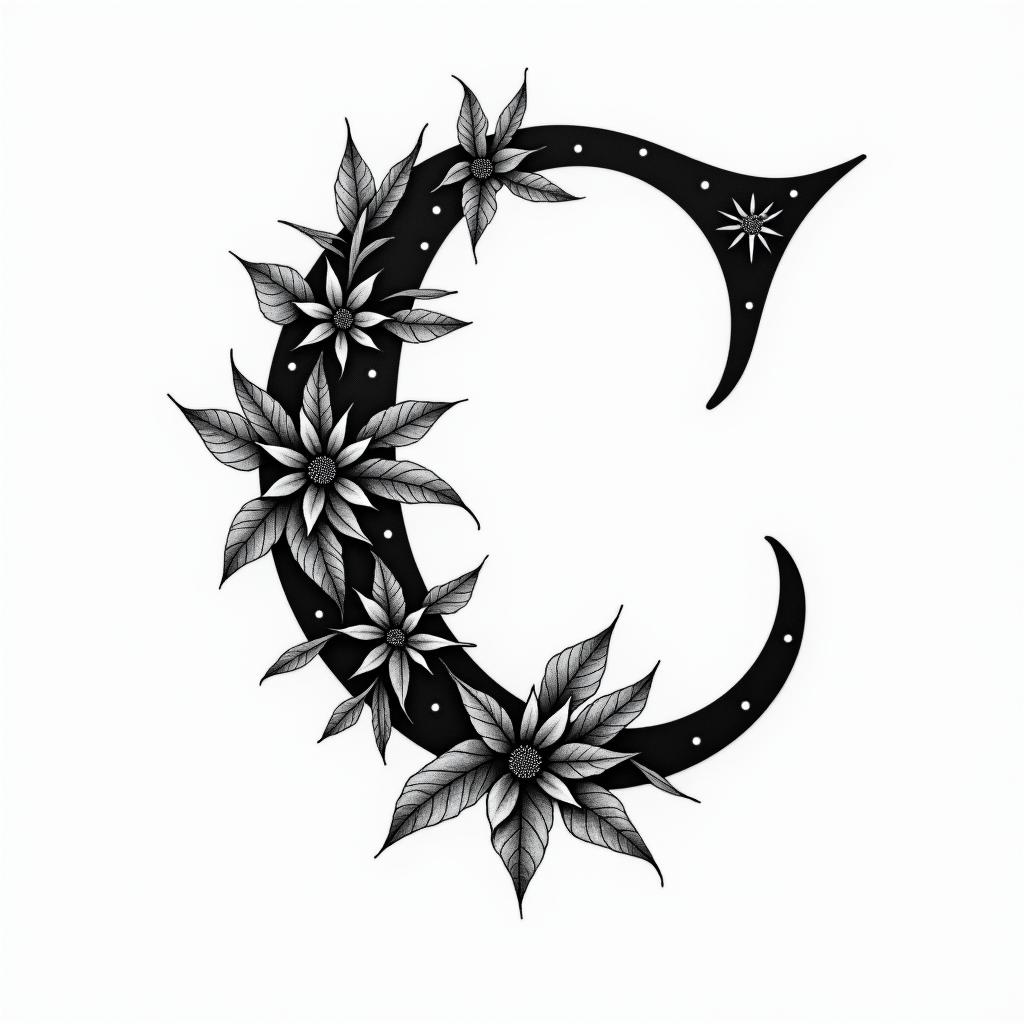 I want a simple capital C without too much detail with the names Adrien, Andréa, and Leandro inside, in black and white, feminine and simple.higly detailed tattoo - Variation 8