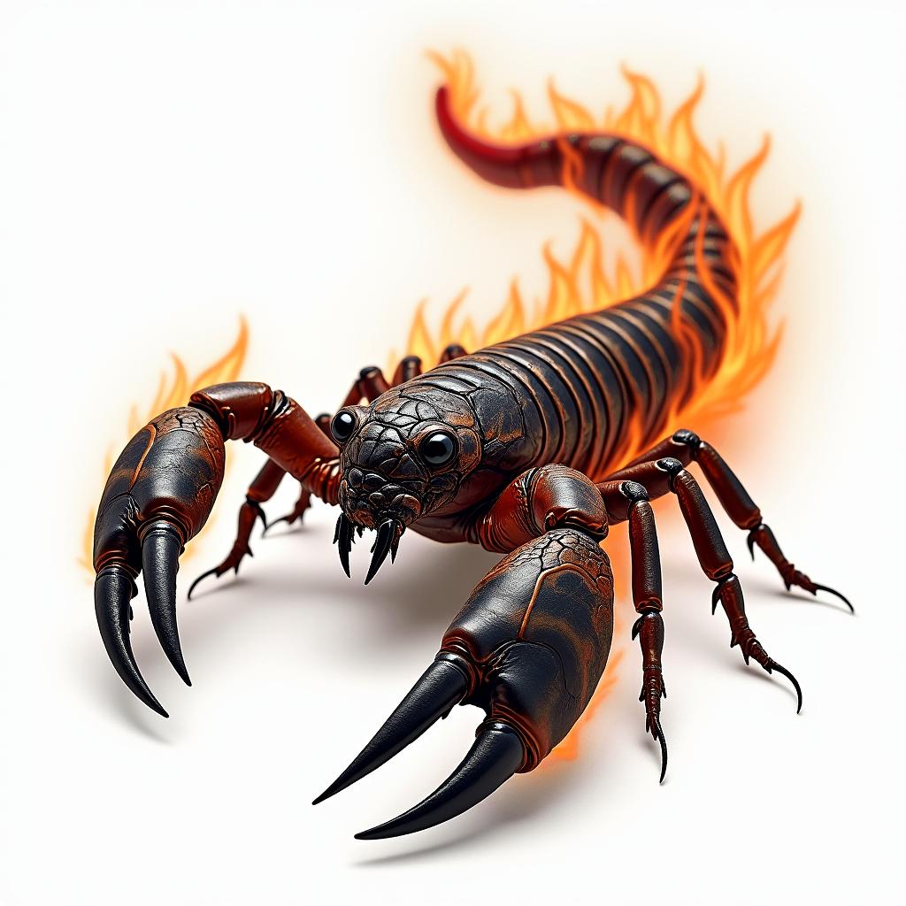 Scorpion with sharp and detailed clawsin flame tattoo style showcasing fiery elements with dynamic flame patterns, glowing effect of flames, natural colors - Variation 3