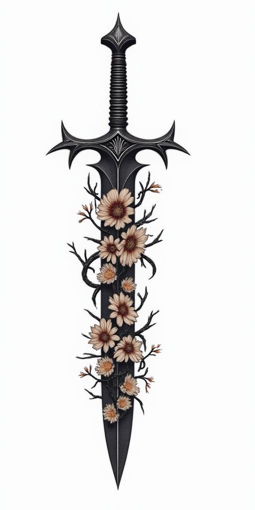 Assassins creed hidden blade mixed with flowers, thorns, vines and bloodin realism tattoo style, featuring a highly detailed, lifelike, capturing every detail, photorealistic, ultra realistic, intricate shading, smooth and sharp,   - Variation 4