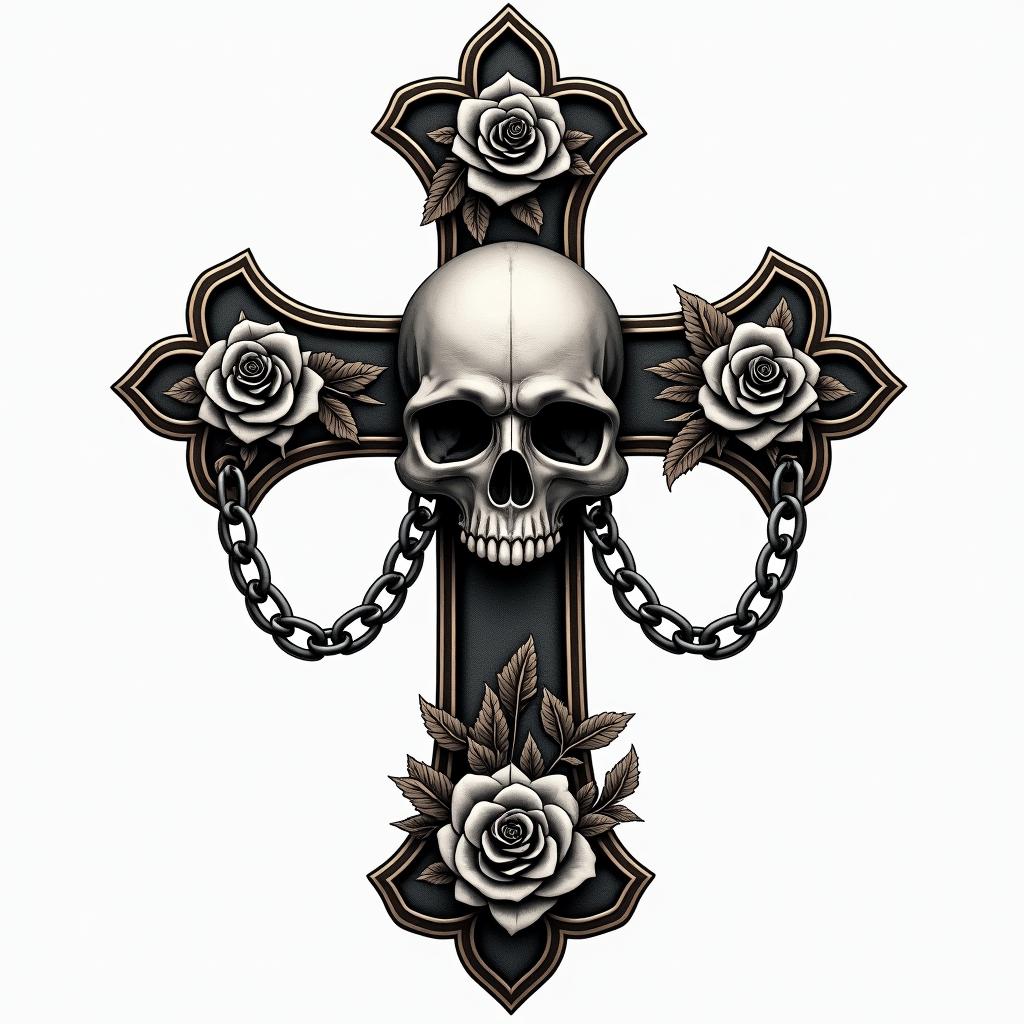 Cross with golden details laid in chains in the middle of a skull.in chicano style tattoo, featuring intricate black and grey shading, bold elements of traditional chicano culture symbols, add a big cross with skull, chains and roses - Variation 4