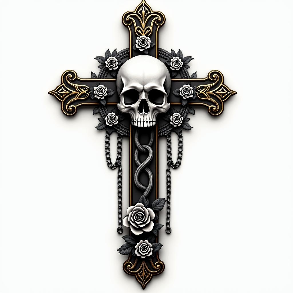 Cross with golden details laid in chains in the middle of a skull.in chicano style tattoo, featuring intricate black and grey shading, bold elements of traditional chicano culture symbols, add a big cross with skull, chains and roses - Variation 3
