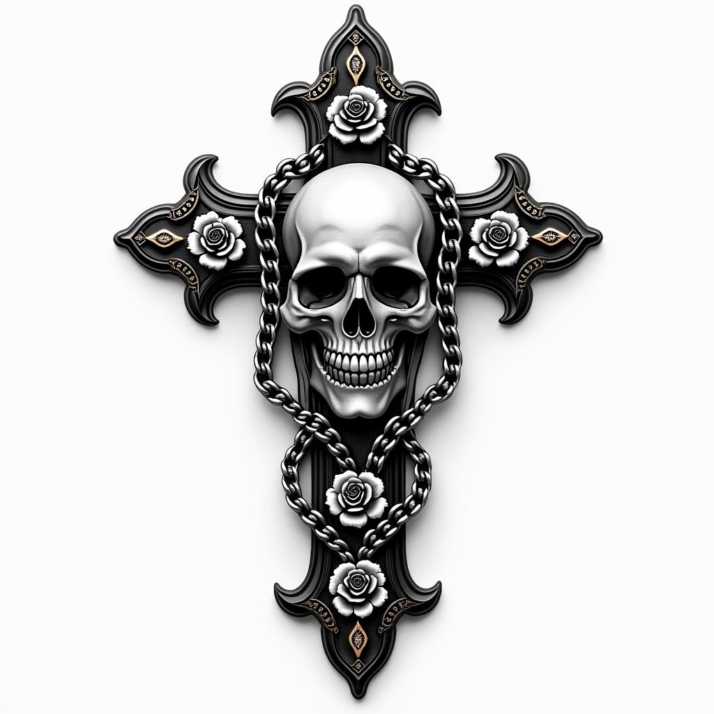 Cross with golden details laid in chains in the middle of a skull.in chicano style tattoo, featuring intricate black and grey shading, bold elements of traditional chicano culture symbols, add a big cross with skull, chains and roses