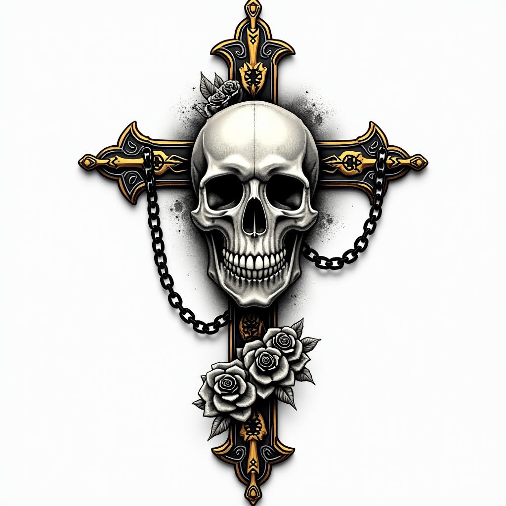 Cross with golden details laid in chains in the middle of a skull.in chicano style tattoo, featuring intricate black and grey shading, bold elements of traditional chicano culture symbols, add a big cross with skull, chains and roses - Variation 2