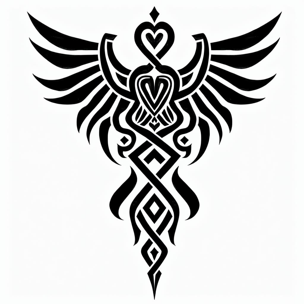 Scorpipn Hobby Angel new great lovein tribal tattoo style, featuring bold and black geometric shapes, curved lines, intertwine and flow seamlessly, creating a powerful and symbolic design, polynesian and maori styles - Variation 2
