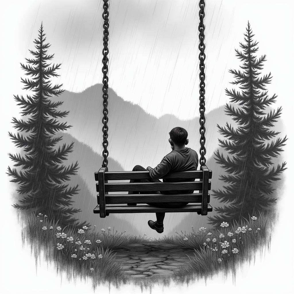 Porch swing in the mountains while it’s raininghigly detailed tattoo - Variation 3