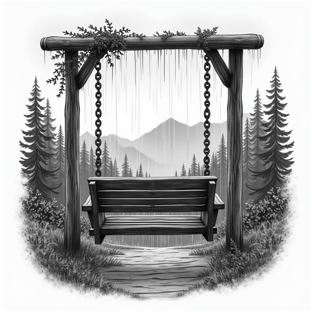 Porch swing in the mountains while it’s raininghigly detailed tattoo - Variation 4