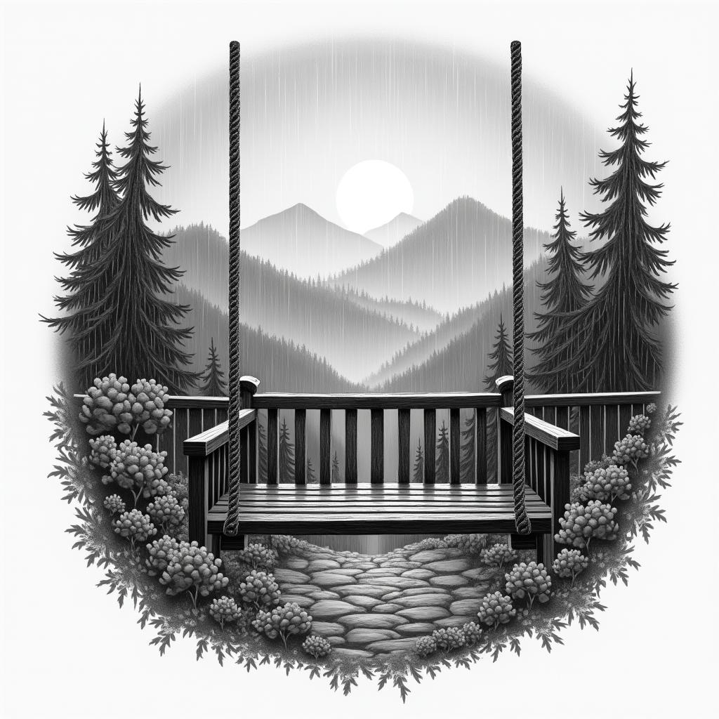 Porch swing in the mountains while it’s raininghigly detailed tattoo