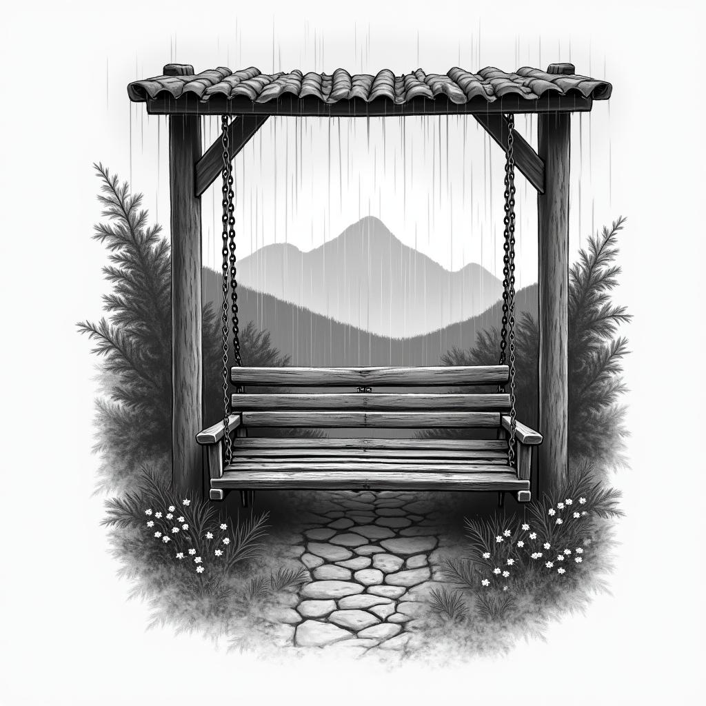 Porch swing in the mountains while it’s raininghigly detailed tattoo - Variation 2