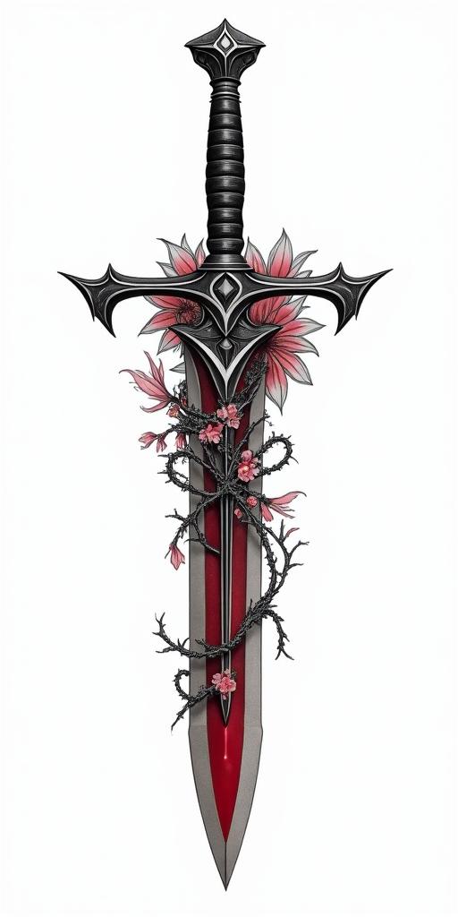 Assassins creed hidden blade mixed with flowers, thorns, vines and bloodin realism tattoo style, featuring a highly detailed, lifelike, capturing every detail, photorealistic, ultra realistic, intricate shading, smooth and sharp,   - Variation 2