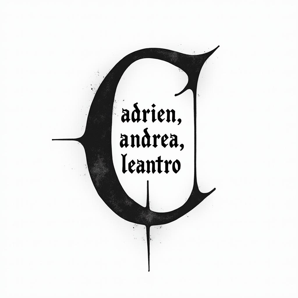 I want a simple capital C without too much detail with the names Adrien, Andréa, and Leandro inside, in black and white, feminine and simple.text-based tattoo, gothic font ultra-realistic, perfectly placed, high-quality font design, photo-realistic shading, 8k, high quality, finely detailed typography - Variation 2