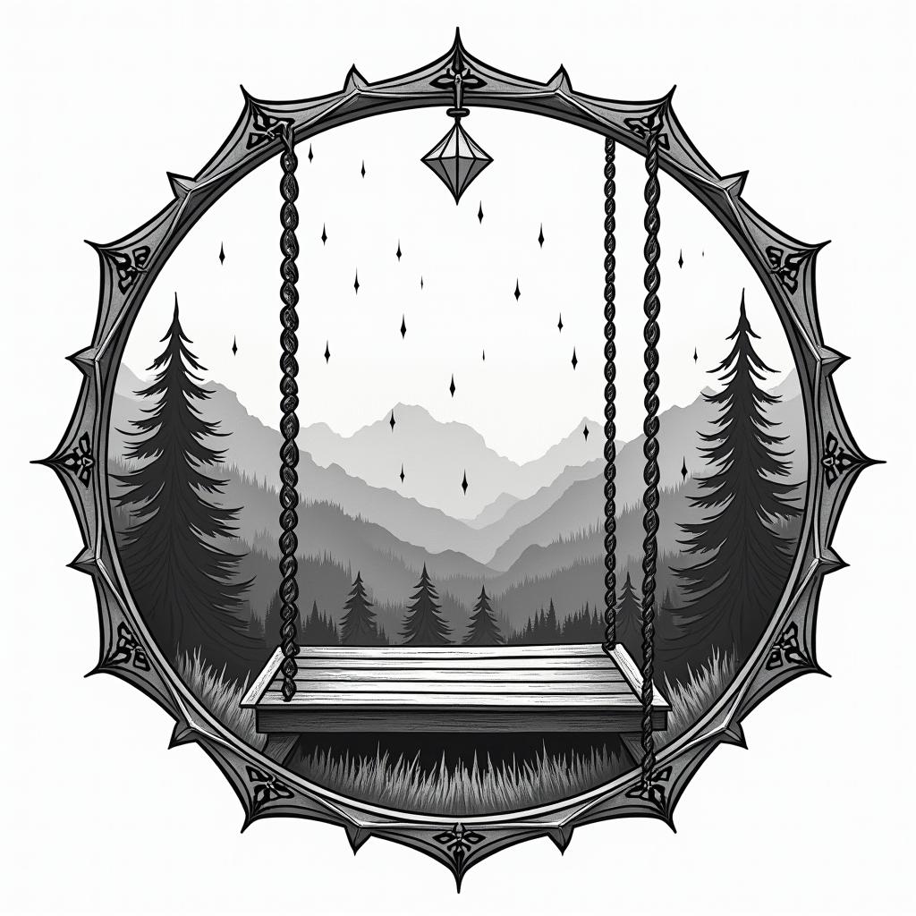 Porch swing in the mountains while it’s raining in geometric style tattoo, blending hexagons, mandala-inspired patterns, symmetrical and fractal design, clean lines, sharp angles