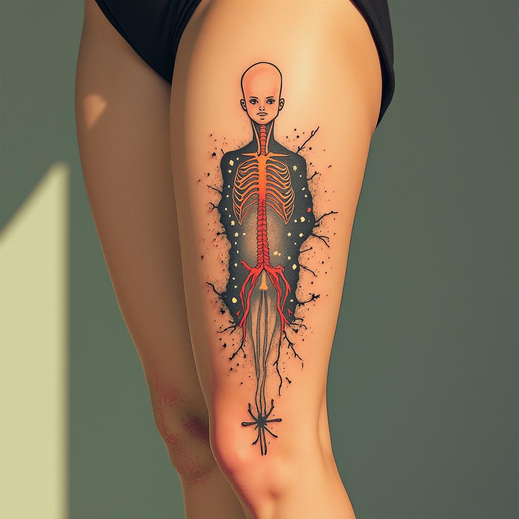 Create a tattoo with the words Mack Life beneath the skin being pulled back to expose the tendons and muscle with a galaxy in the backgroundGhibli, Studio Ghibli aesthetic, hand-drawn anime style, retro nostalgic atmosphere, retro soft pastel color palette with earthy tones, retro Japanese cinematic shot, yellow tint effect, bald character, smooth surface, anime shadow 90's anime style