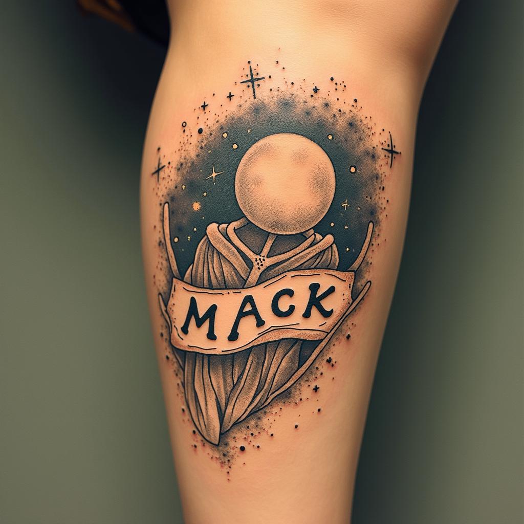 Create a tattoo with the words Mack Life beneath the skin being pulled back to expose the tendons and muscle with a galaxy in the backgroundGhibli, Studio Ghibli aesthetic, hand-drawn anime style, retro nostalgic atmosphere, retro soft pastel color palette with earthy tones, retro Japanese cinematic shot, yellow tint effect, bald character, smooth surface, anime shadow 90's anime style - Variation 2