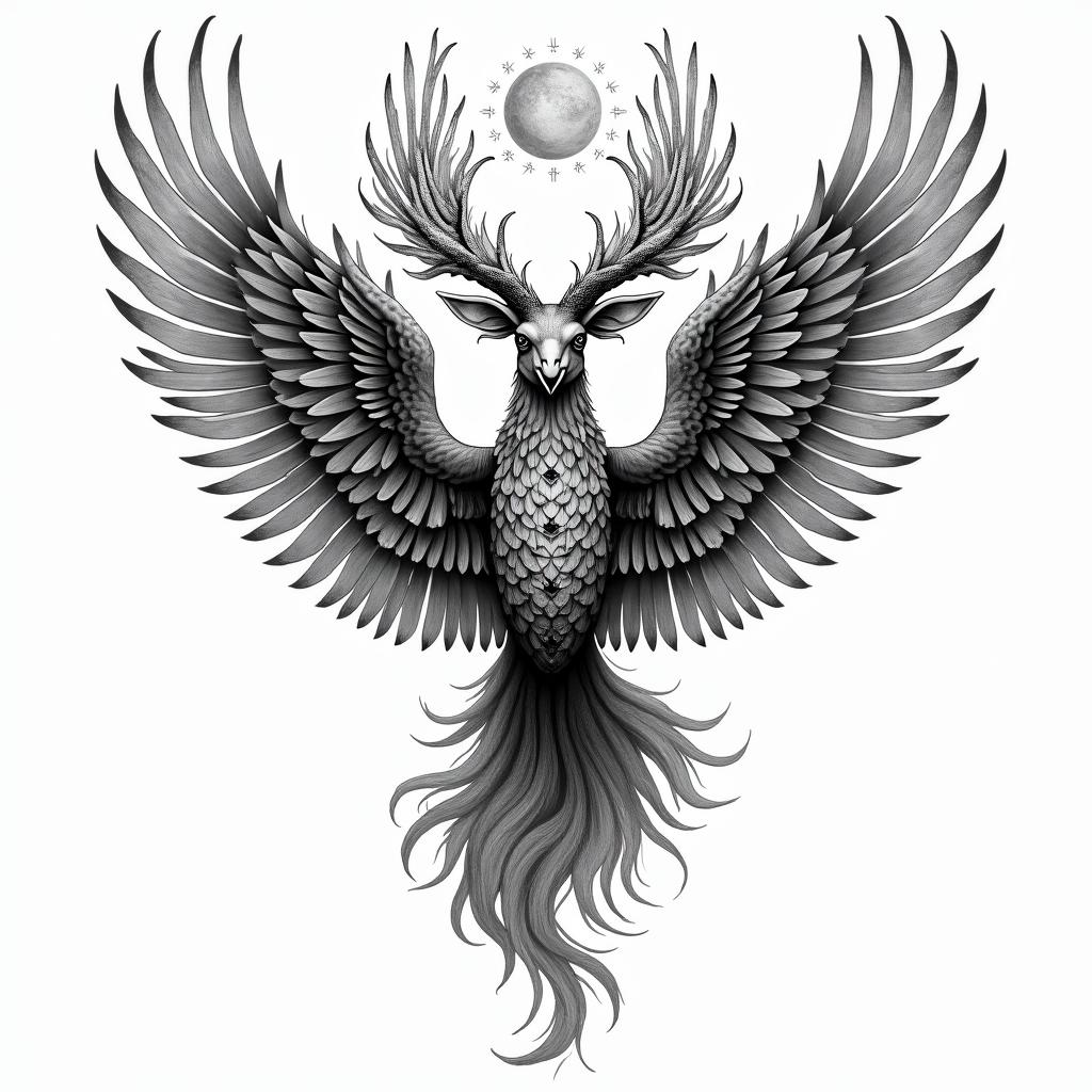 Rabe
with lively fiery wings, sun and moon in the background and mandala the bodyhigly detailed tattoo - Variation 3