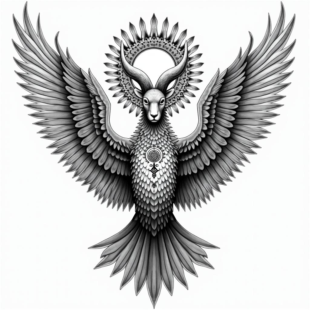 Rabe
with lively fiery wings, sun and moon in the background and mandala the bodyhigly detailed tattoo - Variation 2