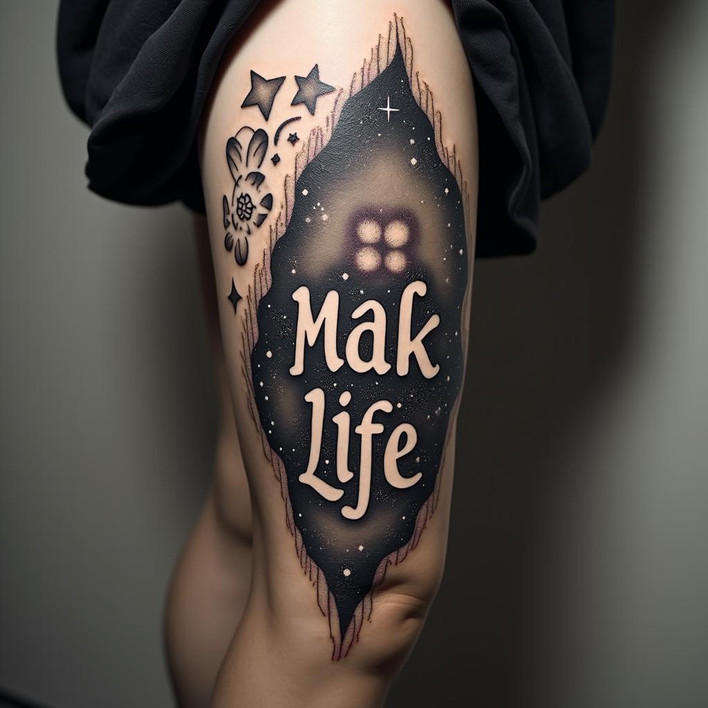 Create a tattoo with the words Mack Life beneath the skin being pulled back to expose the tendons and muscle with a galaxy in the backgroundtext-based tattoo, japanese font ultra-realistic, perfectly placed, high-quality font design, photo-realistic shading, 8k, high quality, finely detailed typograph - Variation 2