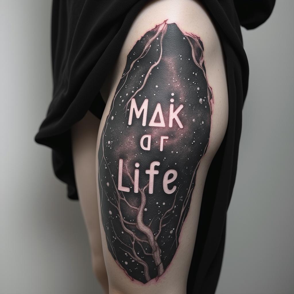 Create a tattoo with the words Mack Life beneath the skin being pulled back to expose the tendons and muscle with a galaxy in the backgroundtext-based tattoo, japanese font ultra-realistic, perfectly placed, high-quality font design, photo-realistic shading, 8k, high quality, finely detailed typograph - Variation 3