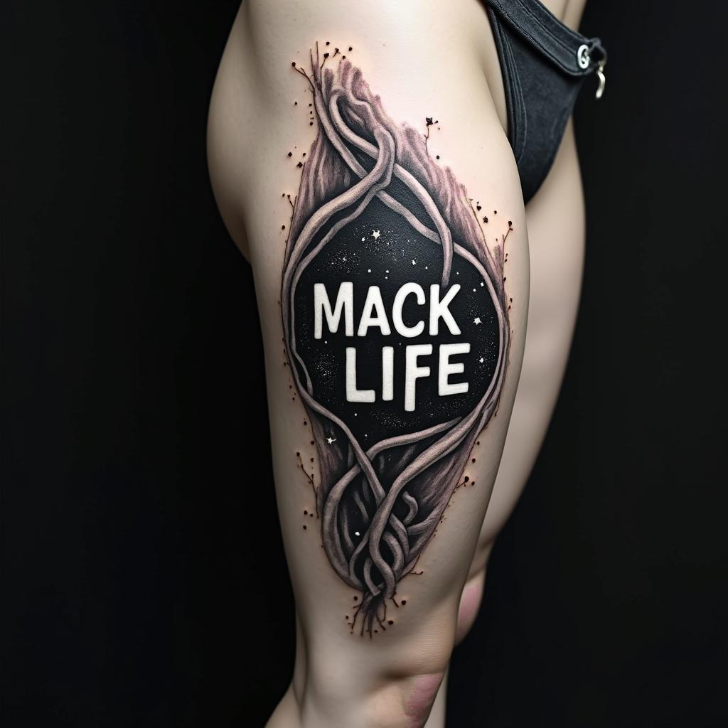 Create a tattoo with the words Mack Life beneath the skin being pulled back to expose the tendons and muscle with a galaxy in the backgroundtext-based tattoo, japanese font ultra-realistic, perfectly placed, high-quality font design, photo-realistic shading, 8k, high quality, finely detailed typograph