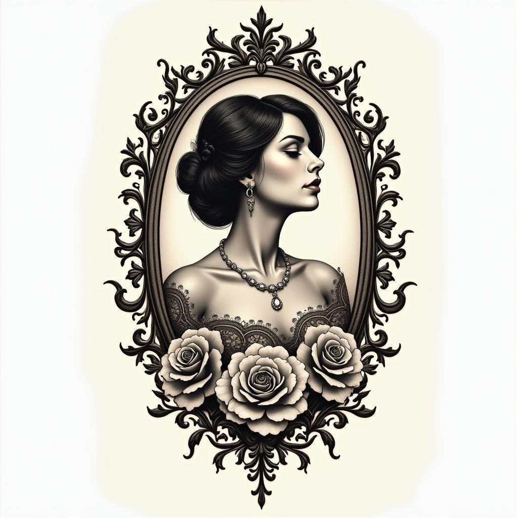 Addictionsin victorian style tattoo, featuring vintage and elegant elements, ornate frames, roses, antique, sepia-toned color scheme