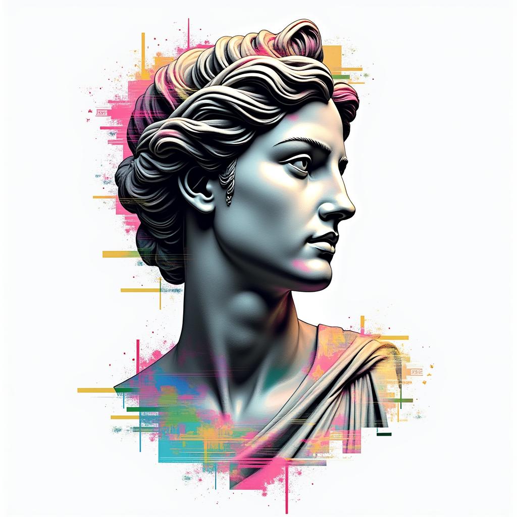 Addictionsin distorted and fragmented tattoo design, featuring a classical statue bust, in a glitch art style with vibrant, overlapping colors of cyan, magenta, and yellow, creating a digital distortion effect - Variation 2