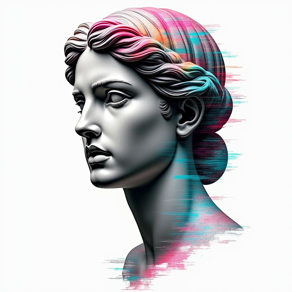 Addictionsin distorted and fragmented tattoo design, featuring a classical statue bust, in a glitch art style with vibrant, overlapping colors of cyan, magenta, and yellow, creating a digital distortion effect