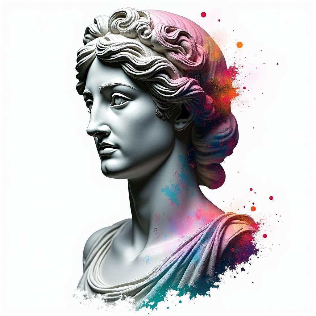 Addictionsin distorted and fragmented tattoo design, featuring a classical statue bust, in a glitch art style with vibrant, overlapping colors of cyan, magenta, and yellow, creating a digital distortion effect - Variation 3