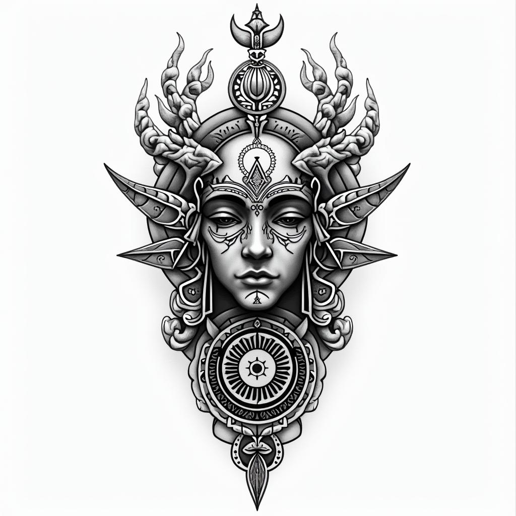 Scandinavian, Papua new guinea, David, cancer,22in paganic style tattoo, featuring ancient symbols, add vegvisir symbol, mystical figures, incorporating designs, pentagrams, runes, crescent moons,