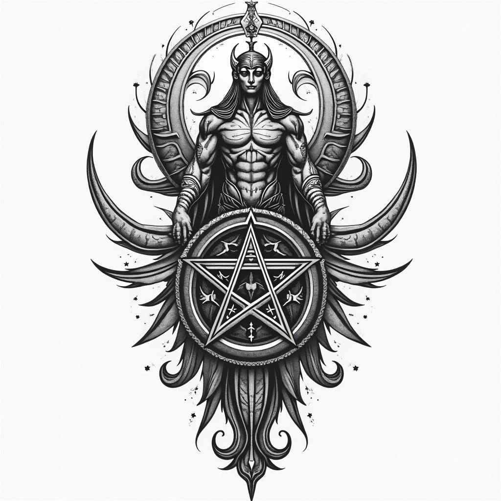 Scandinavian, Papua new guinea, David, cancer,22in paganic style tattoo, featuring ancient symbols, add vegvisir symbol, mystical figures, incorporating designs, pentagrams, runes, crescent moons, - Variation 3