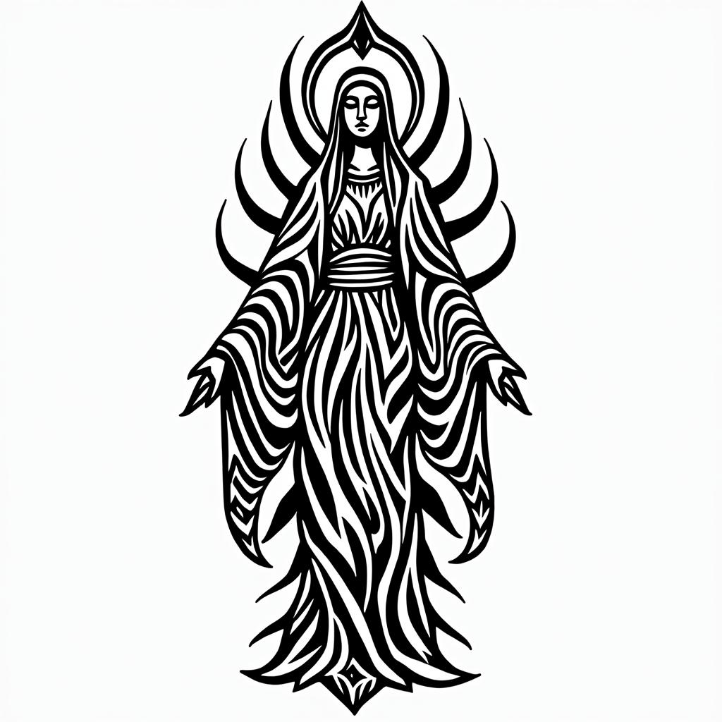 Virgin Maryin tribal tattoo style, featuring bold and black geometric shapes, curved lines, intertwine and flow seamlessly, creating a powerful and symbolic design, polynesian and maori styles - Variation 4