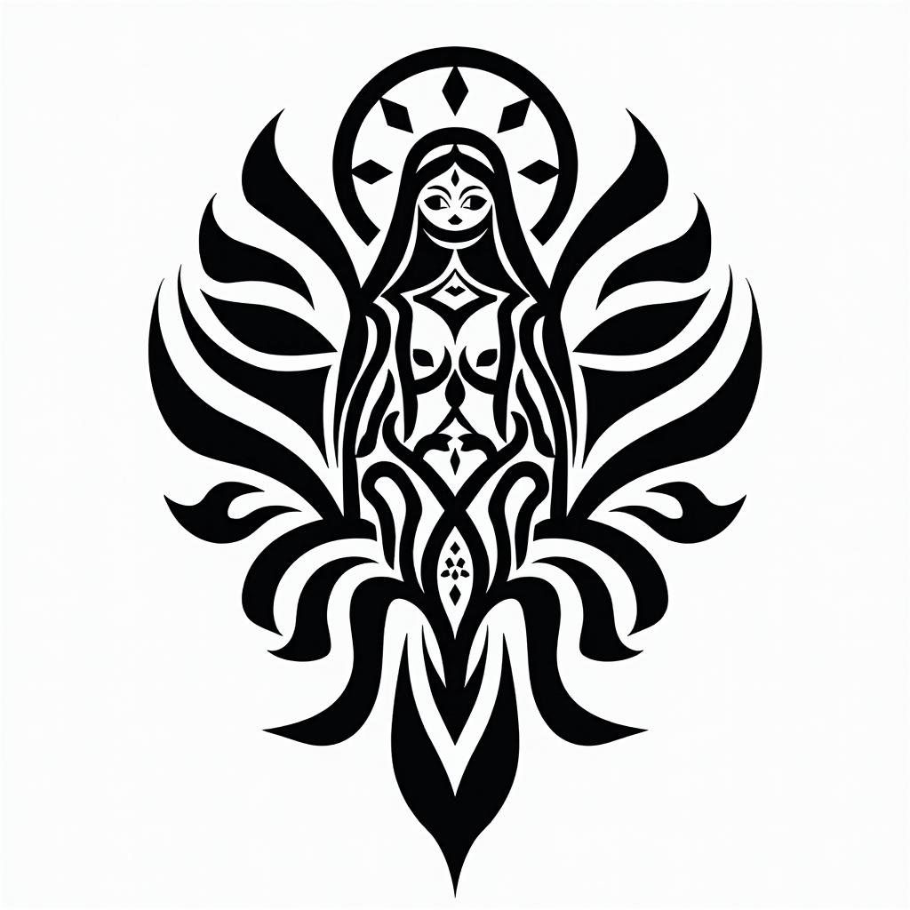 Virgin Maryin tribal tattoo style, featuring bold and black geometric shapes, curved lines, intertwine and flow seamlessly, creating a powerful and symbolic design, polynesian and maori styles - Variation 3