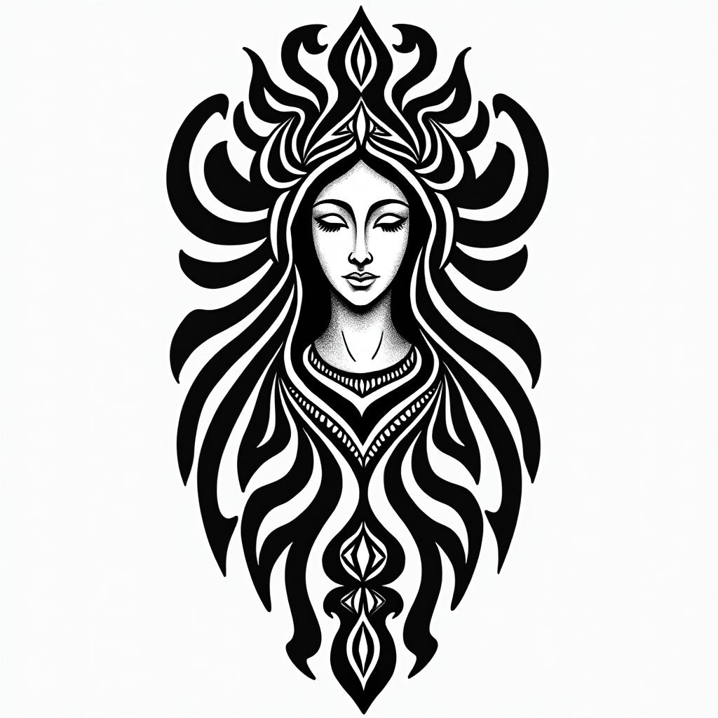 Virgin Maryin tribal tattoo style, featuring bold and black geometric shapes, curved lines, intertwine and flow seamlessly, creating a powerful and symbolic design, polynesian and maori styles