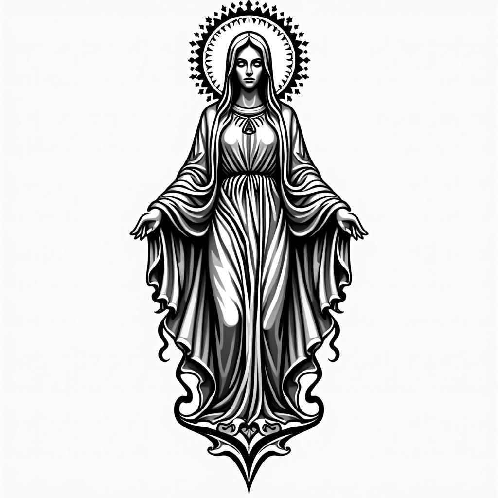 Virgin Maryin tribal tattoo style, featuring bold and black geometric shapes, curved lines, intertwine and flow seamlessly, creating a powerful and symbolic design, polynesian and maori styles - Variation 2