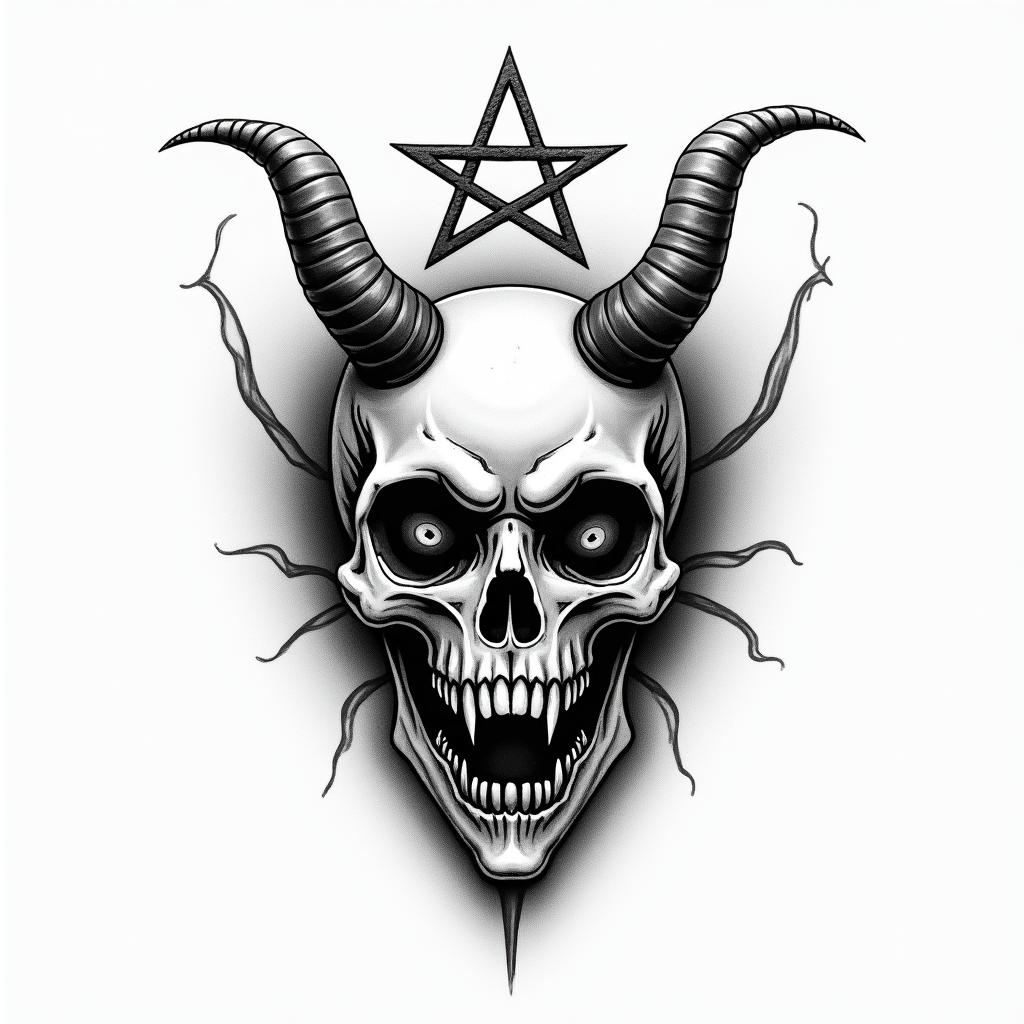 I want a simple uppercase C without too much detail with the names Adrien, Andréa, and Leandro inside, in black and white, feminine and simple.creepy horror tattoo style, featuring an eerie and unsettling skull of a demonic creature, distorted face with sharp fangs, add pentagram symbol - Variation 2