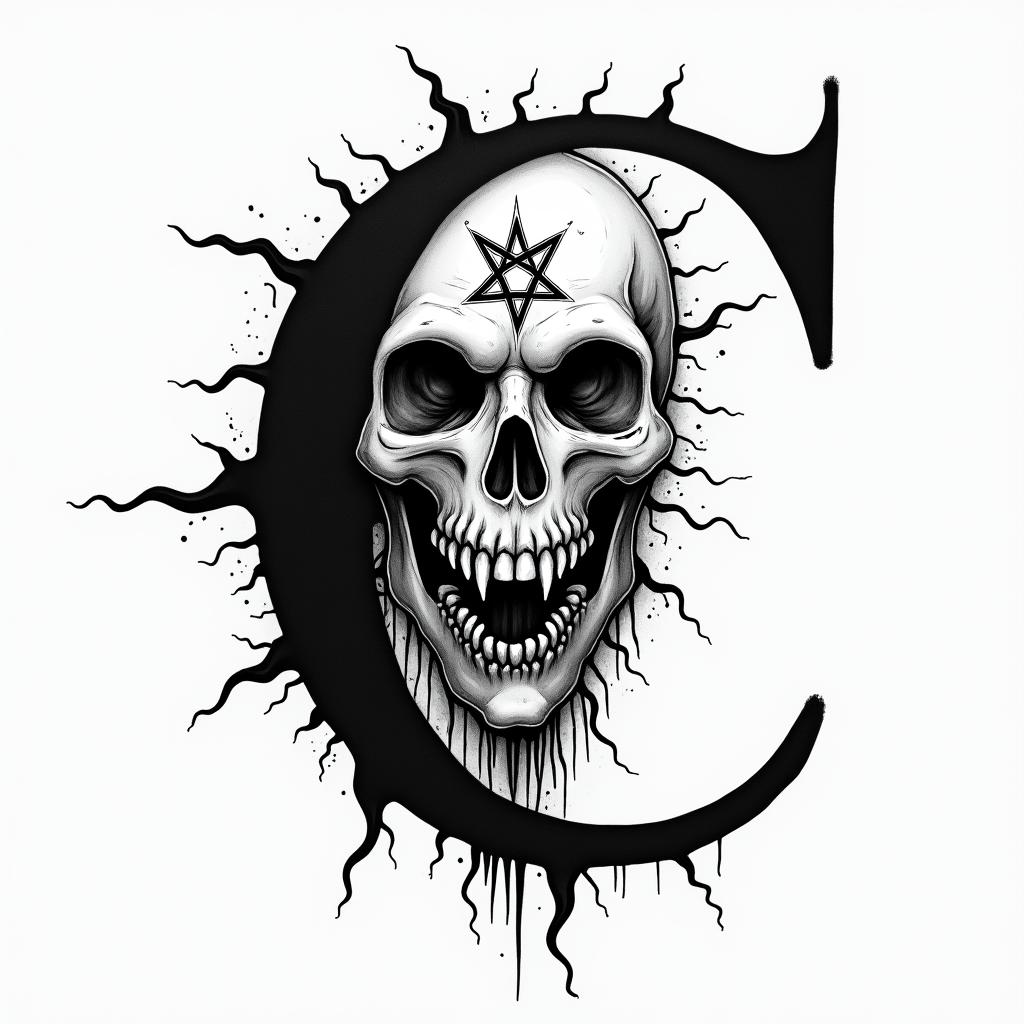 I want a simple uppercase C without too much detail with the names Adrien, Andréa, and Leandro inside, in black and white, feminine and simple.creepy horror tattoo style, featuring an eerie and unsettling skull of a demonic creature, distorted face with sharp fangs, add pentagram symbol