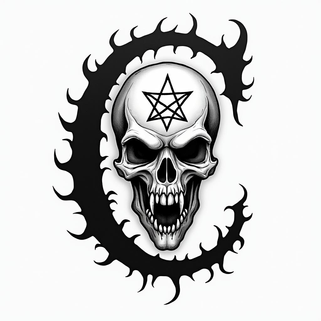 I want a simple uppercase C without too much detail with the names Adrien, Andréa, and Leandro inside, in black and white, feminine and simple.creepy horror tattoo style, featuring an eerie and unsettling skull of a demonic creature, distorted face with sharp fangs, add pentagram symbol - Variation 4