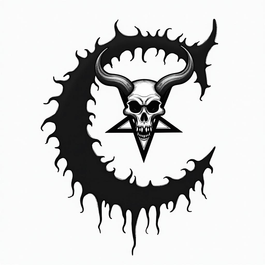 I want a simple uppercase C without too much detail with the names Adrien, Andréa, and Leandro inside, in black and white, feminine and simple.creepy horror tattoo style, featuring an eerie and unsettling skull of a demonic creature, distorted face with sharp fangs, add pentagram symbol - Variation 3