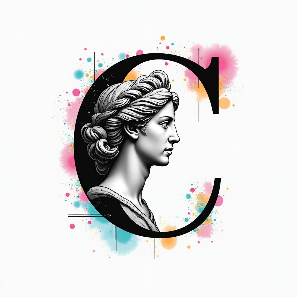 I want a simple uppercase C without too much detail with the names Adrien, Andréa, and Leandro inside, in black and white, feminine and simple.in distorted and fragmented tattoo design, featuring a classical statue bust, in a glitch art style with vibrant, overlapping colors of cyan, magenta, and yellow, creating a digital distortion effect - Variation 3