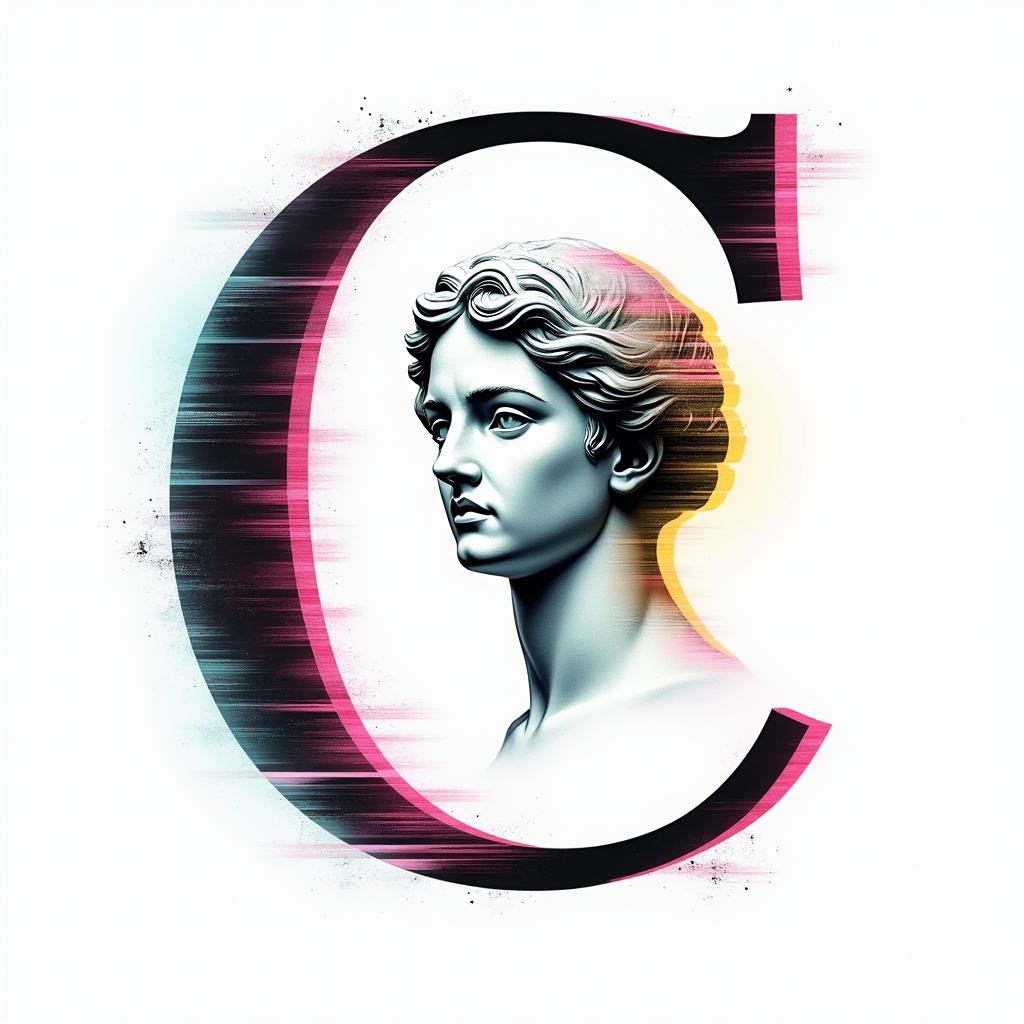 I want a simple uppercase C without too much detail with the names Adrien, Andréa, and Leandro inside, in black and white, feminine and simple.in distorted and fragmented tattoo design, featuring a classical statue bust, in a glitch art style with vibrant, overlapping colors of cyan, magenta, and yellow, creating a digital distortion effect - Variation 4
