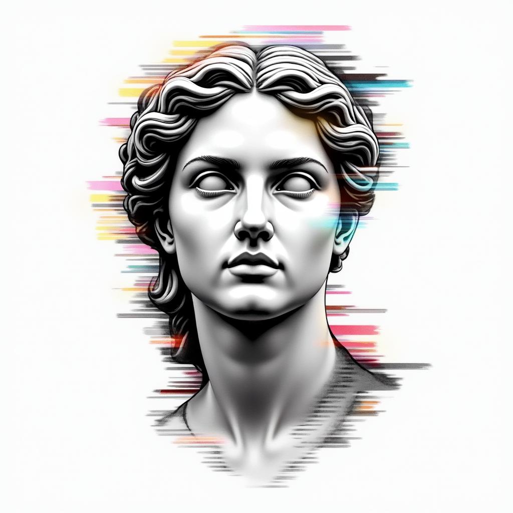 I want a simple uppercase C without too much detail with the names Adrien, Andréa, and Leandro inside, in black and white, feminine and simple.in distorted and fragmented tattoo design, featuring a classical statue bust, in a glitch art style with vibrant, overlapping colors of cyan, magenta, and yellow, creating a digital distortion effect