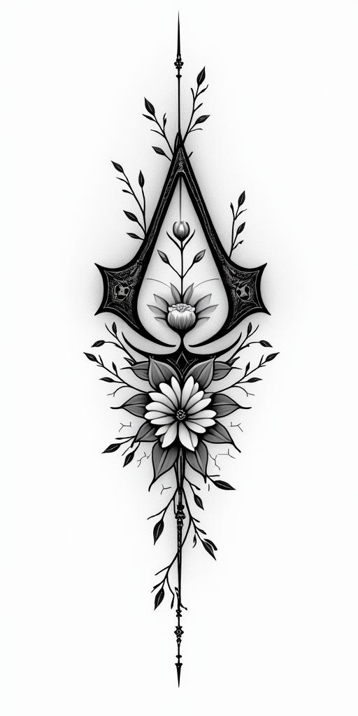 Assassins creed mixed with flowers, thorns, vines and bloodin Modest style tattoo, featuring soft, delicate line work with simple and meaningful symbols, gentle waves, a heart, evoking a sense of serenity and grace, - Variation 5