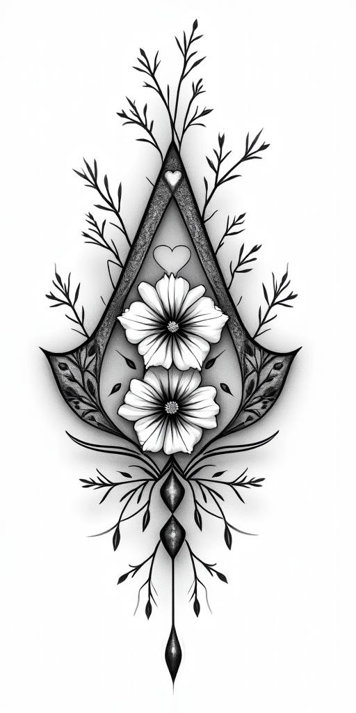 Assassins creed mixed with flowers, thorns, vines and bloodin Modest style tattoo, featuring soft, delicate line work with simple and meaningful symbols, gentle waves, a heart, evoking a sense of serenity and grace, - Variation 6